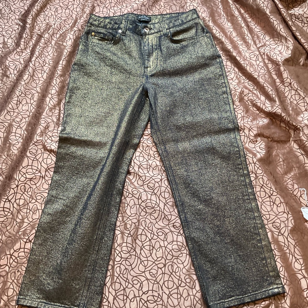 Kate Spade Gold Metallic Blue Stretch Denim Straight Leg Mid Rise Crop Pant Jean